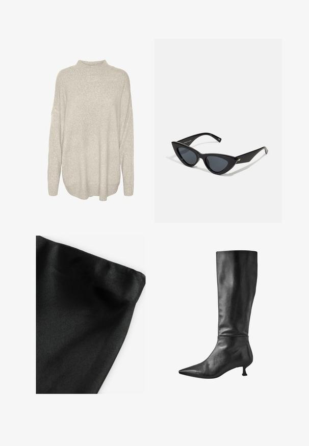 Pull en mailles épaisses gris clair avec un col montant, des épaules abaissées et un ourlet côtelé. Tissu texturé avec une apparence douce et chaude.; Tissu noir avec une texture lisse, présentant un bord plié. Le matériau montre un léger éclat et une surface uniforme sans motifs ni accents.; Bottes en cuir noir, montantes, à bout pointu et petit talon block, présentant une texture lisse et une silhouette épurée.; Lunettes de soleil en forme d'œil de chat avec une monture en plastique noir brillant, des verres foncés et des détails dorés sur les branches. Design angulaire avec des lignes épurées.