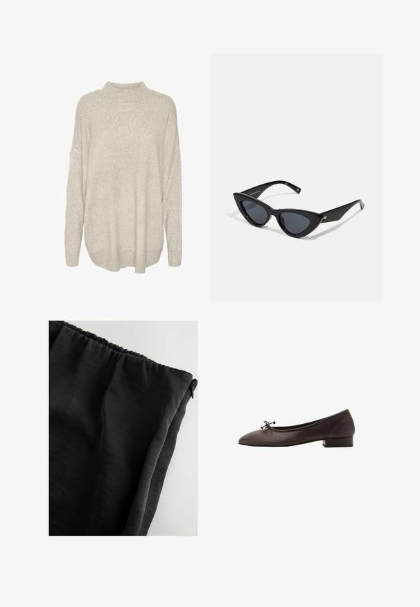 Pull en mailles épaisses gris clair avec un col montant, des épaules abaissées et un ourlet côtelé. Tissu texturé avec une apparence douce et chaude.; Tissu noir avec une texture lisse, taille élastique et fermeture éclair. Le matériau semble léger et légèrement transparent.; Ballerines en cuir brun avec un bout rond et un petit talon carré. Présentent un fin nœud à l'avant et des détails de couture subtils.; Lunettes de soleil en forme d'œil de chat avec une monture en plastique noir brillant, des verres foncés et des détails dorés sur les branches. Design angulaire avec des lignes épurées.; Even&Odd Cabas - black