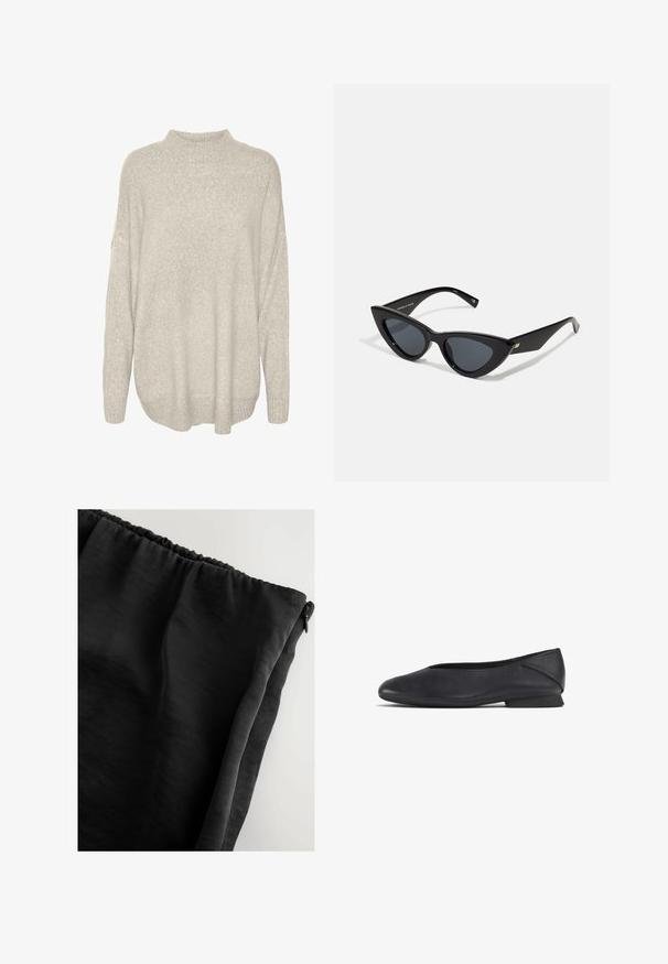 Pull en mailles épaisses gris clair avec un col montant, des épaules abaissées et un ourlet côtelé. Tissu texturé avec une apparence douce et chaude.; Tissu noir avec une texture lisse, taille élastique et fermeture éclair. Le matériau semble léger et légèrement transparent.; Chaussure plate en cuir noir avec un bout rond et un petit talon, conçue pour une utilisation décontractée ou formelle.; Lunettes de soleil en forme d'œil de chat avec une monture en plastique noir brillant, des verres foncés et des détails dorés sur les branches. Design angulaire avec des lignes épurées.