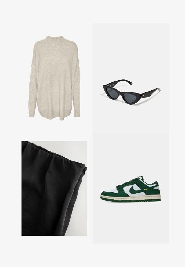 Lichtgrijze, chunky gebreide trui met een hoge hals, verlaagde schouders en een geribbelde zoom. Textuurstof met een zachte, warme uitstraling.; Zwarte stof met een gladde textuur, elastische tailleband en een ritssluiting. Het materiaal lijkt lichtgewicht en iets doorschijnend.; Lage Nike sneaker in wit en donkergroen suede met bijpassende groene swoosh en een klein geel accent van een swoosh aan de zijkant.; Kattenoog zonnebril met een glanzend zwart plastic montuur, donkere lenzen en gouden accentdetails op de veren. Hoekig ontwerp met slanke lijnen.; Even&Odd Shopper - black
