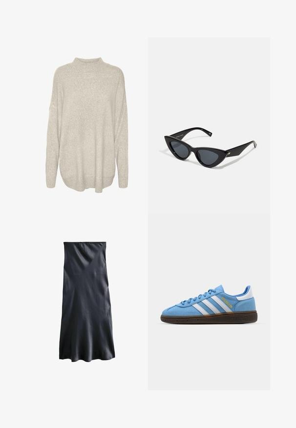 Pulover tricotat gros, de culoare gri deschis, cu guler înalt, umeri lăsați și tiv cu striații. Țesătură texturată cu un aspect moale și cald.; Rochie midi neagră din mătase, cu croi drept, textură netedă și o strălucire subtilă. Nu are accesorii sau modele vizibile.; Adidași din suede albastru deschis cu dungi de piele albă, talpă texturată maro și detalii cu logo auriu. Design low-top cu vârf rotunjit.; Ochelari de soare de tip cat-eye cu un cadru din plastic lucios de culoare neagră, lentile întunecate și detalii aurii pe tâmple. Design unghiular cu linii elegante.