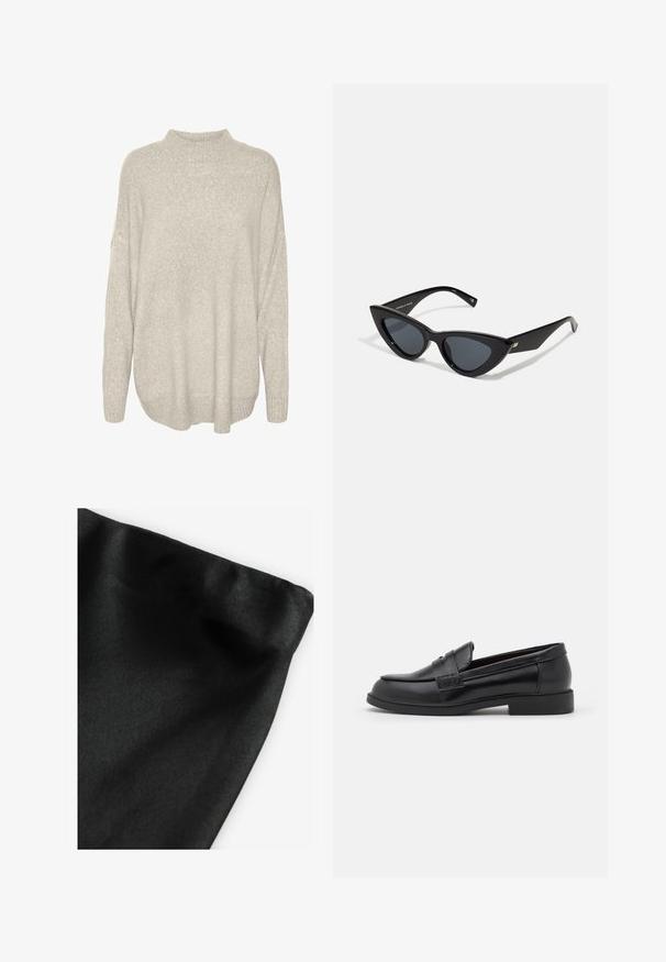 Svetrov s svetlo sivo barvo, grobim pletenjem, visokim ovratnikom, spuštenimi rameni in rebrastim robom. Struktura tkanine se zdi mehka in topla.; Črn material z gladko teksturo, ki ima zložen rob. Material se rahlo sveti in ima enotno površino brez vzorcev ali dodatkov.; Črne usnjene loferice z gladko teksturo, zaobljenim nosom, šiviljskim detajli na zgornjem delu in nizkim, ravnim gumijastim podplatom.; Sončna očala v obliki mačjih očes z sijajnim črnim plastičnim okvirjem, temnimi lečami in zlatimi detajli na templjih. Angularen dizajn s prefinjenimi linijami.