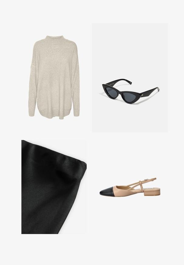 Lichtgrijze, chunky gebreide trui met een hoge hals, verlaagde schouders en een geribbelde zoom. Textuurstof met een zachte, warme uitstraling.; Zwarte stof met een gladde textuur, met een gevouwen rand. Het materiaal vertoont een lichte glans en heeft een uniforme oppervlakte zonder patronen of accenten.; Beige en zwarte twee-tonen slingback schoen met een spitse neus, platte hak en kruislings banddetail. Gladde leren textuur.; Kattenoog zonnebril met een glanzend zwart plastic montuur, donkere lenzen en gouden accentdetails op de veren. Hoekig ontwerp met slanke lijnen.