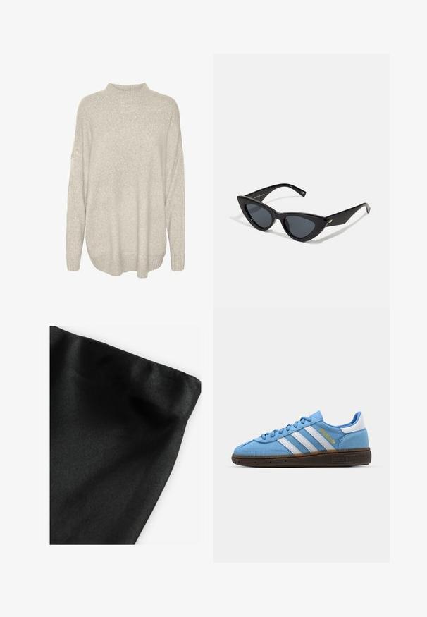 Pull en mailles épaisses gris clair avec un col montant, des épaules abaissées et un ourlet côtelé. Tissu texturé avec une apparence douce et chaude.; Tissu noir avec une texture lisse, présentant un bord plié. Le matériau montre un léger éclat et une surface uniforme sans motifs ni accents.; Baskets en suède bleu clair avec des rayures en cuir blanc, une semelle texturée marron et un détail de logo doré. Design basse avec un bout rond.; Lunettes de soleil en forme d'œil de chat avec une monture en plastique noir brillant, des verres foncés et des détails dorés sur les branches. Design angulaire avec des lignes épurées.