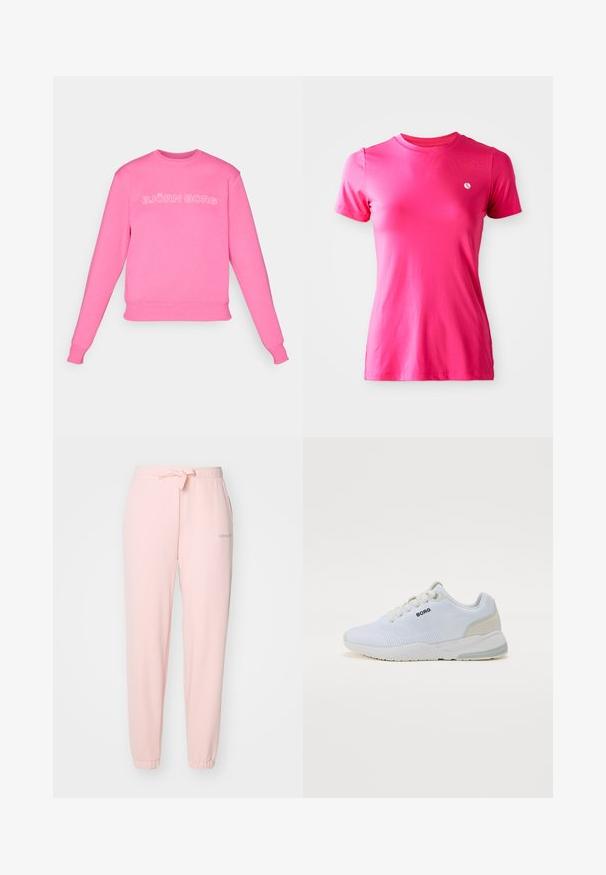 Rožinė ilgomis rankovėmis džemperis su gumuotais rankogaliais ir apvadu, puikuojantis balta užrašu "BJÖRN BORG" ant krūtinės. Minkšta medžiaga su lygia tekstūra.; Trumpas rankovėmis, apvalios iškirptės marškinėliai ryškiai rožinės spalvos, su mažuoju baltu logotipu kairiajame krūtinės srityje ir lygiu paviršiumi.; Šviesiai rožiniai sportiniai kelnių su elastinga juosmeniu ir raišteliu. Užsagstyti kulkšnių ir šoninės kišenės. Išsiuvinėtas logotipas priekyje.; Baltos sportinės bateliai su tekstūruotu nėriniuotu viršumi, guminiais padais ir smėlio spalvos akcentais, su raišteliais ir prekės ženklu "BORG" šone.