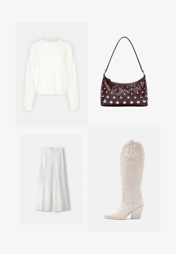 Maglione bianco lavorato a maglia con collo rotondo, maniche lunghe e vestibilità rilassata. Presenta un motivo testurizzato e orlo e polsini a costine.; Camisola grigio scuro con spalline sottili, caratterizzata da una bordatura in pizzo floreale lungo la scollatura. Tessuto liscio con vestibilità rilassata e senza dettagli aggiuntivi.; Bershka WIDE-LEG TAILORED - Pantaloni - white; Stivale da cowboy in pelle bianca con punta a punta e tacco quadrato. Presenta eleganti motivi di cucitura sulla gamba e una texture liscia.; Borsa in pelle bordeaux dalla forma arrotondata, con borchie circolari metalliche e apertura con zip, dotata di una sola tracolla.