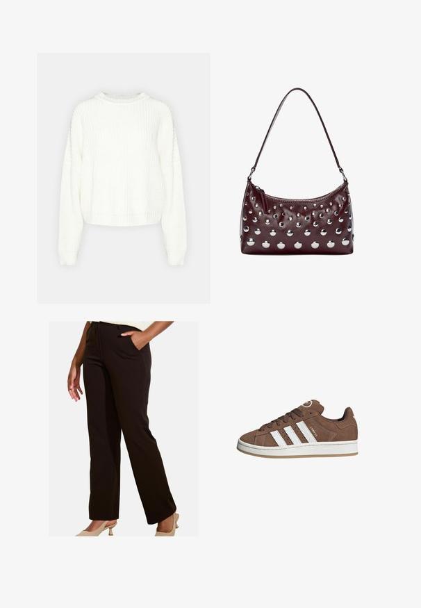 Witte gebreide trui met een ronde hals, lange mouwen en een ontspannen pasvorm. Kenmerkt een gestructureerd patroon en geribde onderkant en manchetten.; Donkergrijze camisol met dunne bandjes, voorzien van een bloemenkantafwerking langs de halslijn. Glad stof met een ontspannen pasvorm en zonder extra details.; Zwarte broek met een rechte snit, voorzien van zijzakken en een gladde textuur. Draag met lichtgekleurde schoenen, geschikt voor verschillende gelegenheden.; Bruine suède sneaker met witte leren strepen, rubberen zool, ronde neus en vetersluiting. Kenmerkt zich door een logo op de tong en geperforeerde accenten.; Bordeaux lederen handtas met een ronde vorm, versierd met metalen ronde studs en een ritssluiting aan de bovenkant, vergezeld van een enkele schouderband.