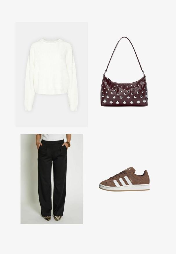 Biely pletený sveter s okrúhlym výstrihom, dlhými rukávmi a voľným strihom. Obsahuje textúrovaný vzor a rebrovaný lem a manžety.; Tmavosivá kamizolka s tenkými ramienkami, zdobená kvetinovou krajkou pozdĺž výstrihu. Hladká tkanina s voľným strihom bez ďalších detailov.; Desires Nohavice - black; Hnedé semišové tenisky s bielymi koženými pruhmi, gumovou podrážkou, okrúhlou špičkou a šnurovaním. Obsahujú logo na jazyku a perforované akcenty.; Bordová kožená kabelka s okrúhlym tvarom, zdobená kovovými kruhovými nitmi a so zipsom na vrchu, doplnená jedným ramenným popruhom.