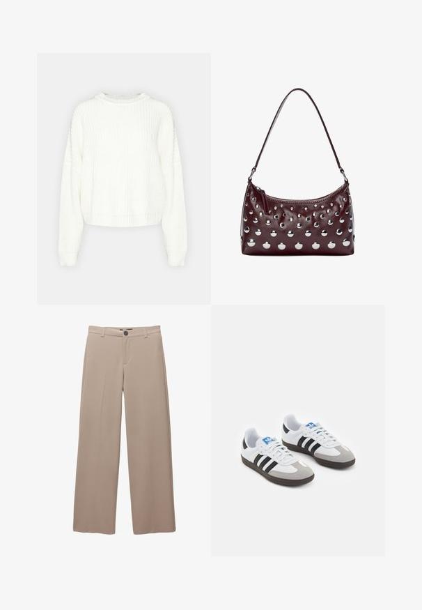 Bijela pletena majica s okruglim izrezom, dugim rukavima i opuštenim krojem. Ima teksturirani uzorak te rebrasti rub i manžete.; Tamnosiva majica na tanke naramenice, s cvjetnim čipkastim rubom uz dekolte. Glatki materijal, opuštenog kroja bez dodatnih detalja.; Bež hlače sa širokim nogavicama, s dugmetom i zatvaranjem na patentni zatvarač, s glatkim, jednostavnim materijalom i čistim prednjim dizajnom.; Sportske cipele s gornjištem od bijele kože, sivi suedinasti nos i tri crne pruge. Imaju plavi logo na jeziku i teksturiranu gumenu podlogu.; Burgundska kožna torba s zaobljenim oblikom, koja sadrži metalne okrugle zakovice i zatvaranje na munje, uz jednu naramenicu.