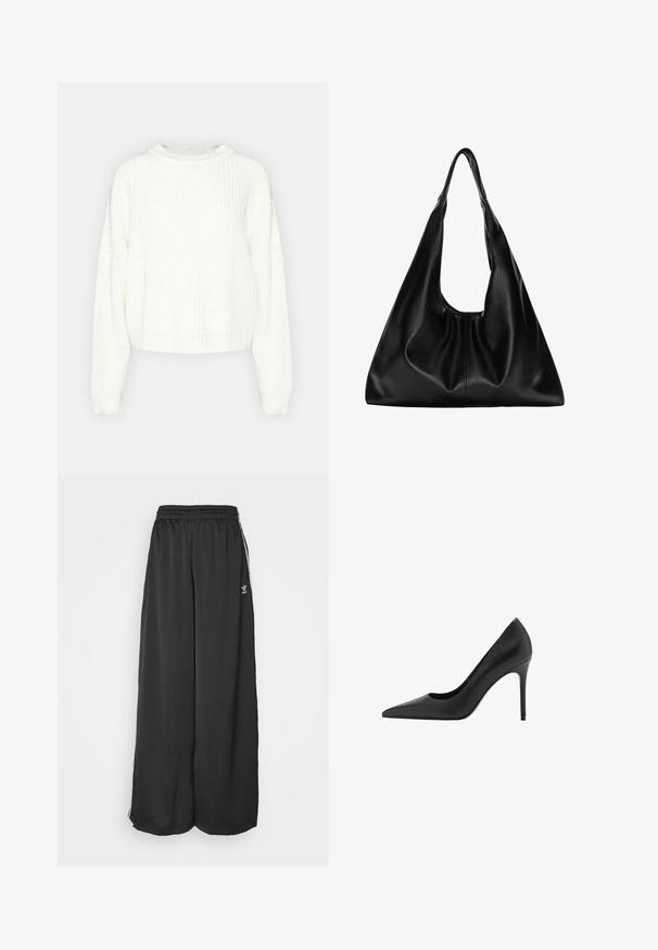 Biely pletený sveter s okrúhlym výstrihom, dlhými rukávmi a voľným strihom. Obsahuje textúrovaný vzor a rebrovaný lem a manžety.; Čierne široké tréningové nohavice vyrobené z hladkej látky. Obsahujú elastický pás a bočné pruhy s logom.; Mango Klasické lodičky na opätku - black; Čierna kožená hobo taška s mäkkým, zakriveným tvarom. Má široké vrchné uško a nariasenie na spodnej časti, čo vytvára voľný vzhľad.
