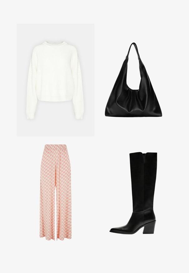 Hvid, strikket sweater med rund hals, lange ærmer og en afslappet pasform. Har et tekstureret mønster samt ribbet kant og manchetter.; Lys pink stribede bukser med bred ben , der har et ternet mønster i skiftende nuancer, med en elastisk talje for komfortabel brug.; Sorte knæhøje støvler lavet af glat læder, med spids tå, blokhæl og en V-formet udskæring foroven.; Sort læder hobo taske med en blød, buet form. Har en bred toprem og rynker i bunden for en afslappet struktur.