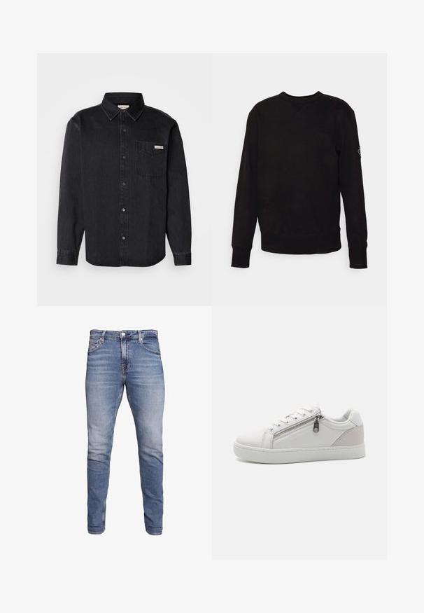 Czarny sweter z okrągłym dekoltem wykonany z bawełny. Posiada ściągacze przy mankietach i u dołu, z małą naszywką z logo na lewym rękawie. Płaska, gładka powierzchnia.; Czarna dżinsowa koszula z guzikami, z wyprofilowanym kołnierzykiem, długimi rękawami, jedną kieszenią na piersi oraz małą metką marki na kieszeni.; Niebieskie dżinsy slim-fit z pięcioma kieszeniami, wyblakłe, z zapięciem na guzik i szlufkami na pasek, wyeksponowane na białym tle.; Białe sneakersy z gładkiej skóry, z kontrastującym beżowym zamszem na pięcie oraz zamek błyskawiczny po boku.