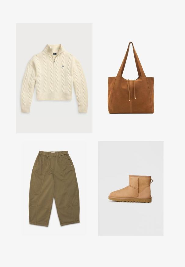 Polo Ralph Lauren CABLE WOOL CASHMERE HALF ZIP SWEATER - Strickpullover - authentic cream; Weißes Baumwoll-T-Shirt mit kurzen Ärmeln, einem runden Halsausschnitt und einer lässigen Passform. Das Material wirkt glatt und hat keine sichtbaren Muster oder Grafiken.; Khaki Baumwollhose mit elastischem Bund, Seitentaschen und genähten Paneeldetails. Lockere Passform mit geradem Schnitt.; Hellbraune Wildleder-Stiefeletten mit runder Zehenpartie, genähten Details, Ziehschlaufe an der Rückseite und einer strukturierten Gummisohle. Entwickelt für Komfort und Wärme.; Braune Wildleder-Tasche mit zwei langen Trägern, Zugverschluss und minimalistischem Design. Glatte Textur und keine sichtbaren Hardware-Details.