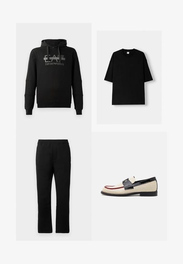 Čierna mikina s kapucňou, ktorá má výrazné šedé grafické logo "EA7 Emporio Armani". Vyrobená z mäkkého materiálu s dlhými rukávmi a voľným strihom.; Čierne bavlnené tričko s krátkymi rukávmi, okrúhlym výstrihom a voľným strihom. Hladká textúra a minimalistický dizajn, bez vzorov alebo akcentov.; Čierne tepláky s hladkým povrchom, elastickým pásom a dvoma bočnými vreckami. Priamy strih s čistým dokončením.; Béžové mokasíny s embosovaným vzorom, červeným akcentom a lesklým čiernym podpätkom. Majú páskovo s detailom s prackou. Ploché čierne podrážky.