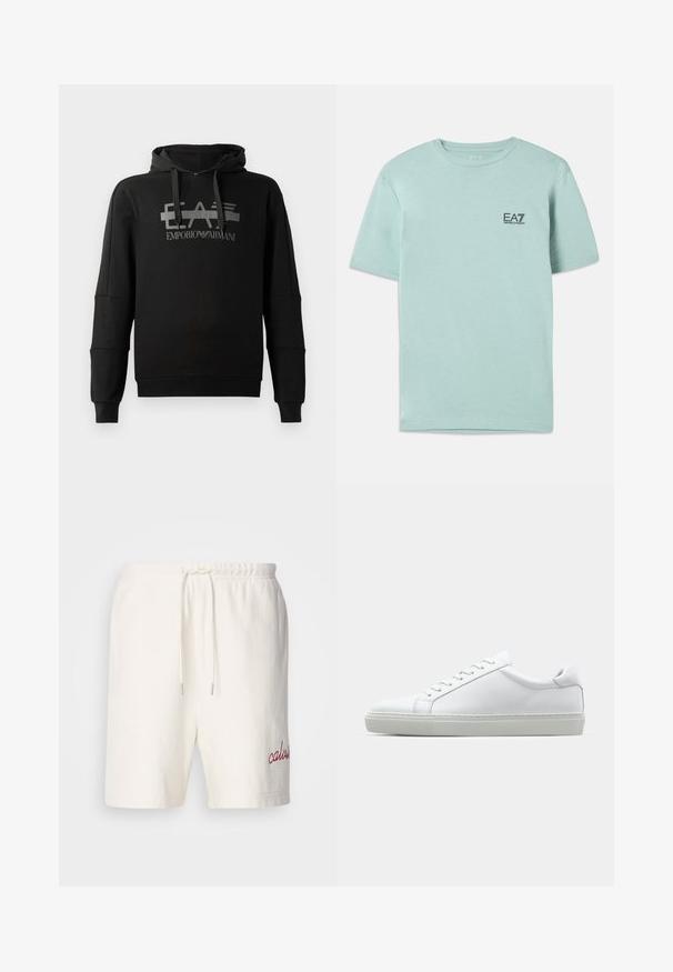 Schwarzer Kapuzenpullover mit einem auffälligen grauen Grafiklogo "EA7 Emporio Armani". Hergestellt aus weichem Stoff, mit langen Ärmeln und einer lockeren Passform.; Helles mintgrünes T-Shirt aus Baumwolle, mit kurzen Ärmeln und rundem Ausschnitt, mit einem kleinen schwarzen EA7-Logo auf der Brust.; Weiße Baumwollshorts mit elastischem Bündchen und Kordelzug. Mit roher gesticktem "calvin" am linken Bein. Weicher Stoff, schlichtes Design.; Weißer Sneaker mit glattem Lederobermaterial und niedrigem Profil. Verfügt über eine runde Zehenpartie, sechs Ösen und eine strukturierte Gummisohle.