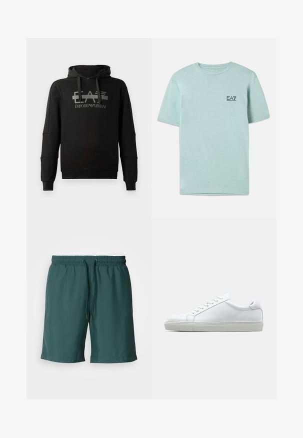 Sweat-shirt à capuche noir avec un logo graphique gris « EA7 Emporio Armani » en évidence. Fabriqué en tissu doux avec des manches longues et une coupe décontractée.; T-shirt vert menthe clair en coton, à manches courtes et col rond, avec un petit logo EA7 noir sur la poitrine.; Shorts verts légers avec une taille élastique et un cordon de serrage, présentant une texture lisse et des poches latérales pour plus de commodité.; Sneaker blanche avec une tige en cuir lisse et un profil bas. Présente un bout arrondi, six œillets et une semelle en caoutchouc texturé.