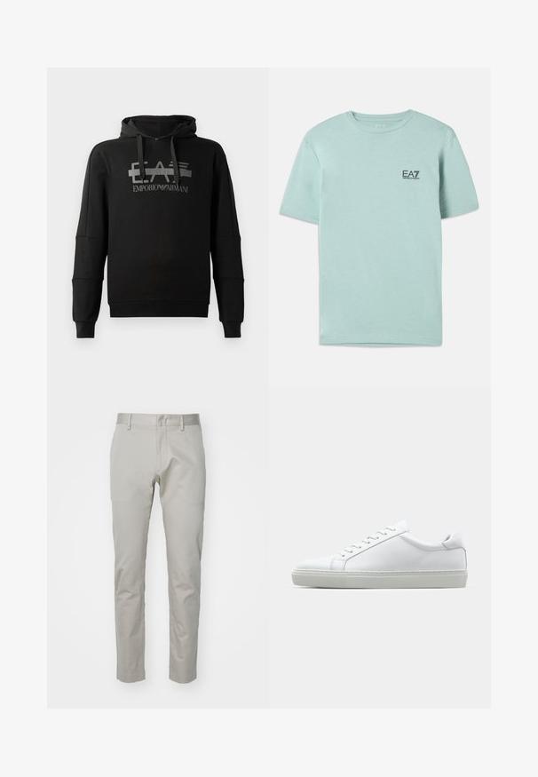 Black hooded sweatshirt featuring a prominent grey graphic logo “EA7 Emporio Armani.” Made from soft fabric with long sleeves and a relaxed fit.; Light mint green t-shirt made of cotton, featuring short sleeves and a round neck, with a small black EA7 logo on the chest.; Light gray cotton trousers with a straight leg design, flat front, and no visible pockets or embellishments. Smooth texture, plain finish.; White sneaker with a smooth leather upper and a low profile. Features a rounded toe, six eyelets, and a textured rubber sole.