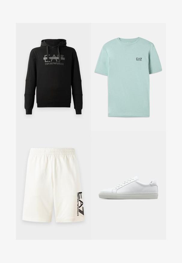 Fekete kapucnis pulóver, amelyen a „EA7 Emporio Armani” feliratú szürke grafikai logó található. Puha anyagból készült, hosszú ujjaival és laza szabásával.; Világos mentazöld, pamutból készült póló, rövid ujjakkal és kerek nyakkal, a mellkasán egy kis fekete EA7 logóval.; Fehér pamut rövidnadrág rugalmas derékkal, bal oldalon fekete logóval. Egyenes szabású, minták nélkül.; Fehér sportcipő sima bőr felső résszel és alacsony profilsal. Kerek orr, hat fűzőlyuk és barázdált gumitalp jellemzi.