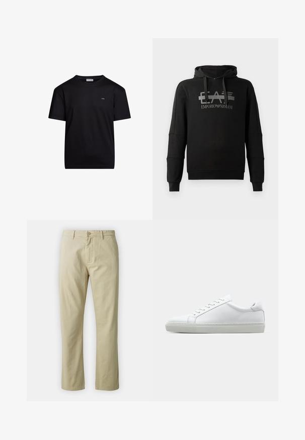 Fekete kapucnis pulóver, amelyen a „EA7 Emporio Armani” feliratú szürke grafikai logó található. Puha anyagból készült, hosszú ujjaival és laza szabásával.; Fekete pamut póló kerek nyakú, rövid ujjú, apró fehér logóval a bal melle részén. Sima textúrájú és klasszikus fazonú.; Beige színű, egyenes lábú pamut nadrág, elöl gombos záródással és övhurkokkal. Simaság jellemzi, látható minták vagy díszítések nélkül.; Fehér sportcipő sima bőr felső résszel és alacsony profilsal. Kerek orr, hat fűzőlyuk és barázdált gumitalp jellemzi.