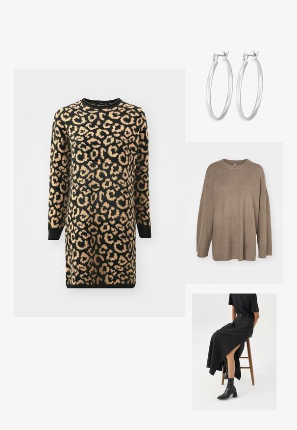 Pruun ülipikk sviiter ribatud äärega, laiad varrukad ja ümar kaelus. Pehme tekstuur, minimalistik disain ilma mustriteta.; Leopardi mustriga kleit, millel on must alus ja beeži täpid, pika varrukaga ning soonikkoes kaelus ja mansetid. Pehme, tekstureeritud kangas.; Must mustriga mustri, kõrge lõhiku ja musta T-särgiga, koos mustade ankle kingadega. Minimalistlik disain, lõtv istuvus.; Hõbedased rõngaskõrvarõngad, millel on sile, läikiv viimistlus. Ümmargune kuju ja turvaline klõpsulatus. Kerge disain, sobib igapäevaseks kandmiseks.