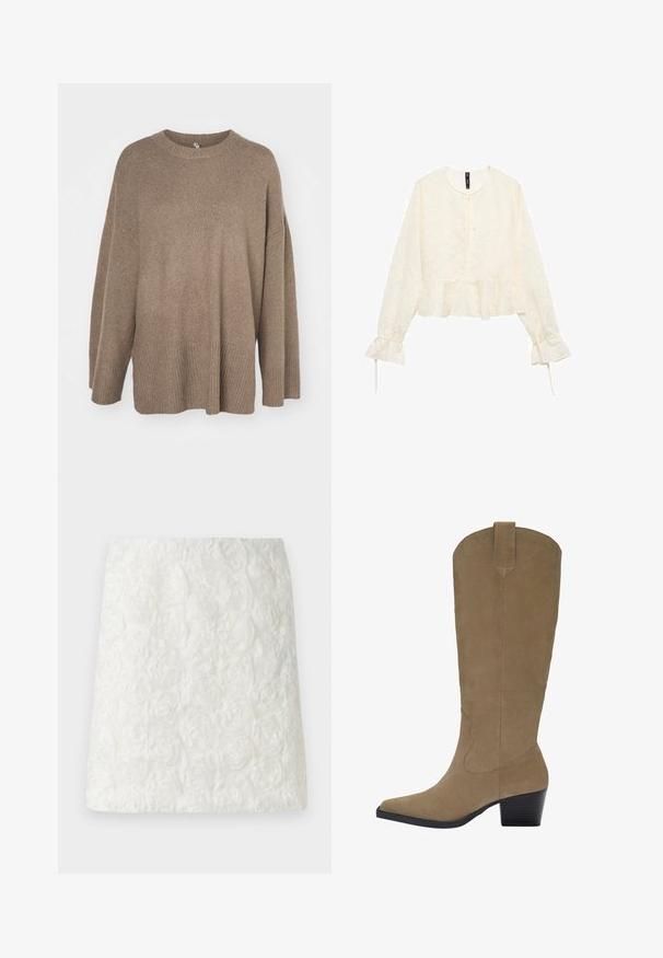 Bruine oversized trui met een geribbelde onderkant, wijde mouwen en een ronde hals. Zachte textuur, minimalistisch ontwerp zonder patronen.; Crème-kleurige blouse met lange mouwen en een peplumzoom, met een getextureerd bloemenpatroon en een strikdetail bij de halslijn. Belvormige manchetten met strikken.; Witte mini-jurk met een gestructureerd oppervlak en verhoogde bloemmotieven die op rozen lijken, gemaakt van lichtgewicht stof.; Kniehoge tan suède laarzen met een puntige neus, een gestapelde hak en stiksel details langs de zijkanten. Smooth texture en gestructureerd ontwerp.