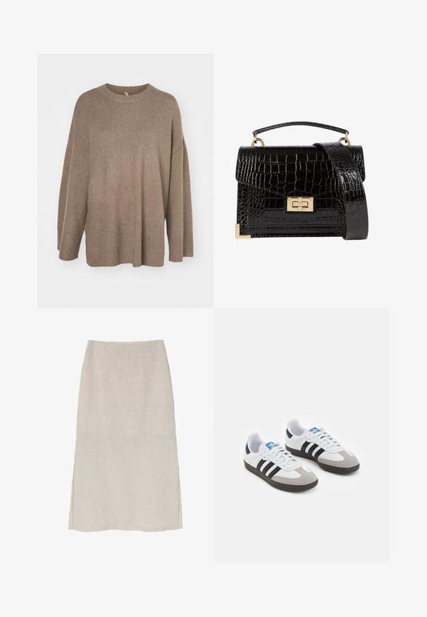 Brązowy, oversize sweter z ribbowym wykończeniem, szerokimi rękawami i okrągłym dekoltem. Miękka tekstura, minimalistyczny design bez wzorów.; Jasno beżowa lniana spódnica o prostym kroju, z bocznymi rozcięciami i subtelną fakturą. Brak widocznych dodatków lub ozdób.; Buty sportowe z białą skórzaną cholewką, szarym zamszowym noskiem i trzema czarnymi paskami. Posiadają niebieskie logo na języku oraz teksturowaną gumową podeszwę.; Czarna torebka na ramię z lakierowanej skóry licowej o fakturze krokodyla, ze złotymi akcesoriami, górną rączką oraz odczepianym paskiem na ramię. Prostokątny kształt z klapką.