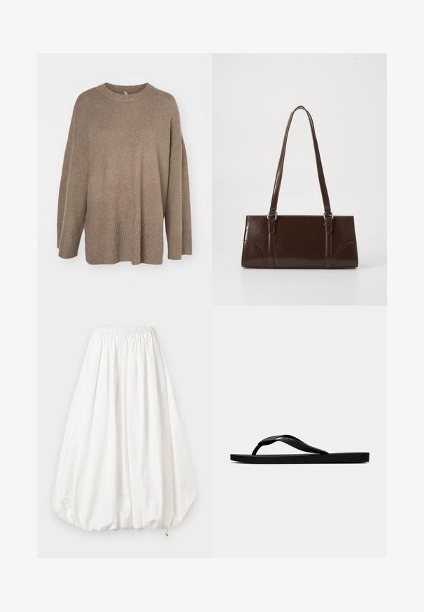 Barna, oversized pulóver bordázott szegéllyel, széles ujjakkal és kerek nyakkal. Puha tapintás, minimalista dizájn minta nélkül.; Fehér színű, ez a szoknya rugalmas derékpánttal, tágas formával és a szegélyen gyűrt textúrával rendelkezik, ami ballon effektet kelt.; Fekete gumipapucs, textúrált pánttal és egyszerű lapos talppal, oldalnézetből, világos háttér előtt.; Barna lakkbőr kézitáska, téglalap alakú, két hosszú fogantyúval és finom ívelt díszítéssel az elején.