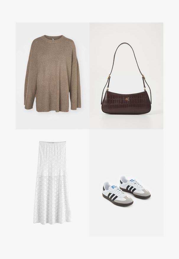 Barna, oversized pulóver bordázott szegéllyel, széles ujjakkal és kerek nyakkal. Puha tapintás, minimalista dizájn minta nélkül.; Next REGULAR FIT - Maxi szoknya - white; Fehér bőr felsőrészes sportcipő, szürke velúrból készült orral és három fekete csíkkal. Jellemzője a kék logó a nyelvén és egy texturált gumitalp.; Burgundi színű táska krokodilbőr textúrával, ívelt formával és arany logóval. Egyetlen pánttal rendelkezik, amely arany fémrészekkel van ellátva.