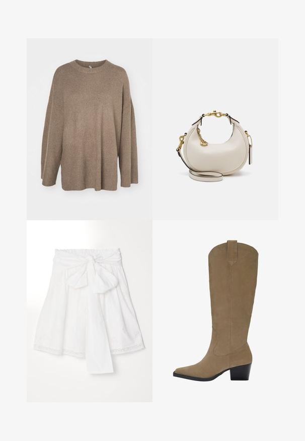 Maglione marrone oversize con orlo a coste, maniche ampie e collo rotondo. Texture morbida, design minimalista senza motivi.; Erdem SKIRT WITH GATHERED WASIT - Gonna a campana - white; Stivali in suede color cammello al ginocchio con punta a punta, tacco impilato e dettaglio di cuciture lungo i lati. Texture liscia e design strutturato.; Borsa a mano in pelle crema a forma di mezzaluna, con accessori in oro, dettagli neri e una tracolla rimovibile. Presenta una dettagli in catena e un'etichetta.