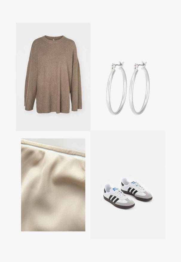 Brauner übergroßer Pullover mit geripptem Saum, weiten Ärmeln und Rundhalsausschnitt. Weiche Textur, minimalistisches Design ohne Muster.; Beige Stoff mit einer glatten Textur, der subtile Falten und einen kontrastierenden weißen Reißverschluss entlang der oberen Kante aufweist.; Sportschuhe mit einem Obermaterial aus weißem Leder, grauer Wildleder-Zehenkappe und drei schwarzen Streifen. Sie verfügen über ein blaues Logo auf der Zunge und eine strukturierte Gummisohle.; Silberne Creolen mit einer glatten, polierten Oberfläche. Runder Form und sicherem Klickverschluss. Leichtes Design, geeignet für den täglichen Gebrauch.