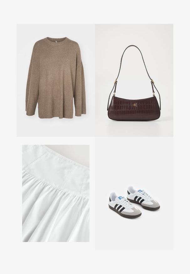 Ruskea ylimitoitettu neule, jossa on ribbireunus, leveät hihat ja pyöreä kaula-aukko. Pehmeä tekstuuri, minimalinen muotoilu ilman kuvioita.; Valkoinen hame, jossa on istuva yläosa ja poimutettu rakenne. Valmistettu kevyestä kankaasta, jossa on hienovaraisia saumoja ja pehmeä, valuvat laskokset.; Urheilukengät, joissa on valkoinen nahkainen päällinen, harmaa mokkanokka ja kolme mustaa raitaa. Ominaisuuksina sininen logo kielekkeessä ja kuvioitu kumipohja.; Burgundy laukku, jossa on krokotiiliviimeistely, kaareva muoto ja kultainen logoakseli. Varustettu yhdellä hihnalla, jossa on kultaiset yksityiskohdat.