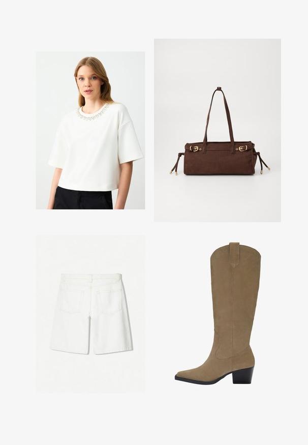 Brązowy, oversize sweter z ribbowym wykończeniem, szerokimi rękawami i okrągłym dekoltem. Miękka tekstura, minimalistyczny design bez wzorów.; Biała poprzeczna bluza z krótkimi rękawami, z ozdobnym dekoltem wysadzanym klejnotami. Gładka tekstura i minimalistyczny design.; Białe dżinsowe szorty o prostym kroju, z wysokim stanem, dwoma tylnymi kieszeniami i subtelnymi detalami przeszycia.; Knee-high, jasnobrązowe, zamszowe botki z wąskim noskiem, ściętym obcasem i przeszyciami po bokach. Gładka tekstura i sztywny fason.; Brązowa zamszowa torba na ramię z dwoma paskami, złotymi detalami i regulowanymi sznurkami po bokach. Posiada zamek błyskawiczny i gładką fakturę.
