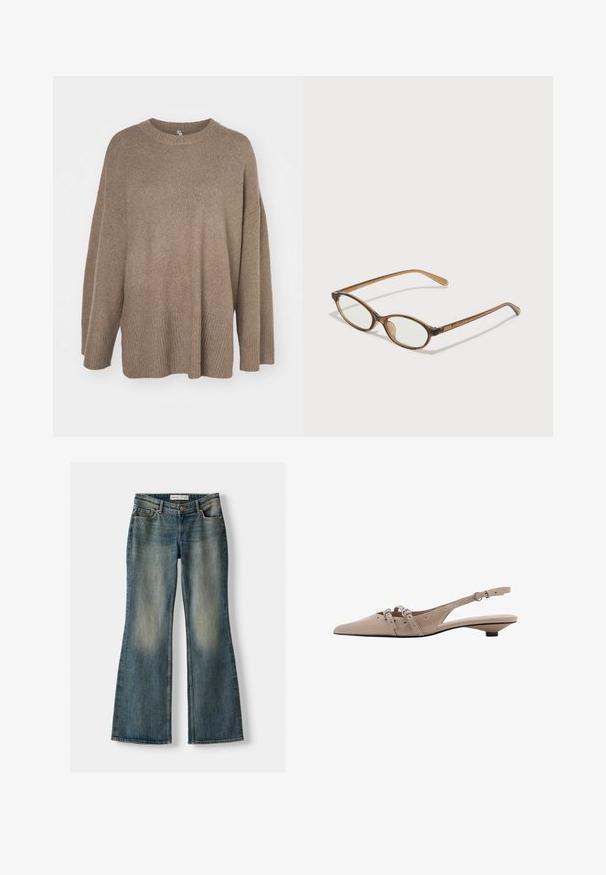 Brauner übergroßer Pullover mit geripptem Saum, weiten Ärmeln und Rundhalsausschnitt. Weiche Textur, minimalistisches Design ohne Muster.; Blaue Schlagjeans mit einem ausgewaschenen Look, fünf Taschen und einem Knopfverschluss. Das Material zeigt eine Denim-Textur mit dezenten Stickdetails.; Beige Leder-Pantoletten mit spitzer Zehenpartie, flachem Absatz, Doppelschnallen-Design, metallischen Schnallen und durchbrochenen Details an den Seiten.; Braune Schildpatt-Brille mit ovalen Gläsern, dünnen Bügeln und transparenten Akzenten. Verfügt über ein dezentes Logo am Bügel. Elegantes, leichtes Design.