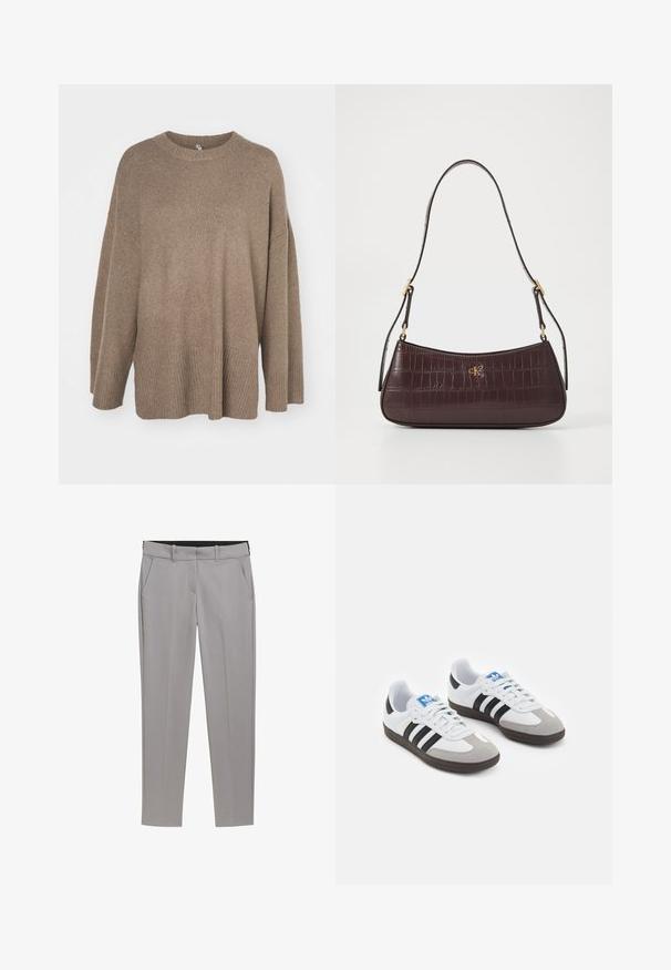 Smeđi oversized pulover s rebrastim rubom, širokim rukavima i okruglim izrezom. Mekana textura, minimalistički dizajn bez uzoraka.; TOM TAILOR MIA SLIM - Chino hlače - explicit grey; Sportske cipele s gornjištem od bijele kože, sivi suedinasti nos i tri crne pruge. Imaju plavi logo na jeziku i teksturiranu gumenu podlogu.; Bordo torba s teksturom krokodila, zakrivljenog oblika, i zlatnim logom. Ima jedan remen sa zlatnim detaljima.