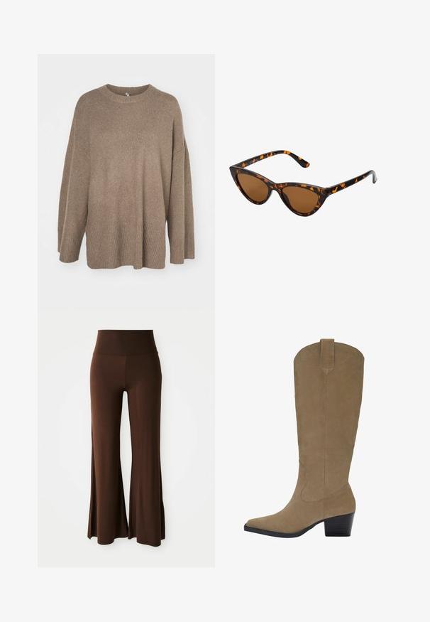 Rjav oversize pulover z rebrastim robom, širokimi rokavi in okroglo ovratnikom. Mehak material, minimalistična zasnova brez vzorcev.; Hlače z visokim pasom in širokimi nogavicami v rjavi barvi, z gladkimi teksturami, zasnovane za sproščen učinek in udobno nošenje.; Biege suknje do kolen iz nubuk kože z ostrim nosom, nabranim peto in šivanim detajlom ob straneh. Gladka tekstura in strukturiran dizajn.; Mačje oči sončna očala z okvirom v črno-oranžni želvej ohišji, rjavimi lečami in elegantnimi, ostrimi konicami. Imajo minimalistični logo na ročaju.; Rjava usnjena torba z dvema ročajema, zlatimi kovinskimi detajli in strukturirano zasnovo. Ima osrednjo preklopno zanko z detajlom zanko.
