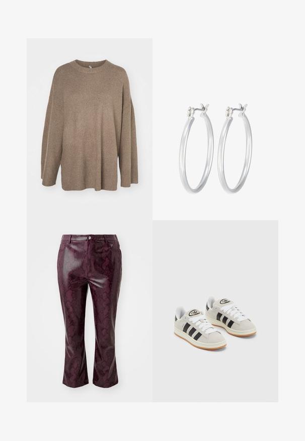 Brown oversized sweater with a ribbed hem, wide sleeves, and a round neck. Soft texture, minimalistic design without patterns.; Burgundy faux leather pants with a snake print pattern, fitted design, and straight legs. Features a waistband and front button closure.; Gray suede sneakers with white laces, black stripes, and a white rubber sole. Features a circular logo on the tongue and a gum sole.; Silver hoop earrings with a smooth, polished finish. Round shape and secure click-top closure. Lightweight design suitable for everyday wear.