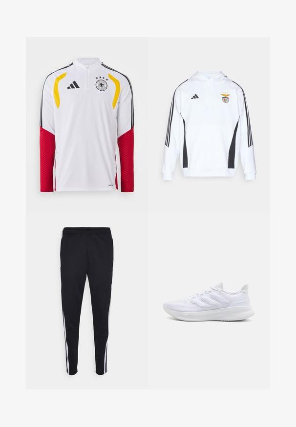 Felpa bianca con accenti neri sui lati e tre strisce nere su ciascun maniche. Presenta una tasca frontale e il logo della squadra ricamato sul petto.; Maglietta sportiva a maniche lunghe bianca con dettagli in rete rossa, particolari gialli sulle spalle, strisce nere e logo della nazionale di calcio della Germania.; Pantaloni sportivi neri con una vestibilità rilassata, con strisce bianche sui lati, vita con cordoncino e due tasche laterali. Realizzati in tessuto morbido.; Scarpe sportive bianche con tomaia in mesh texturato, suola ammortizzata e supportiva, e design a tre strisce sul lato.