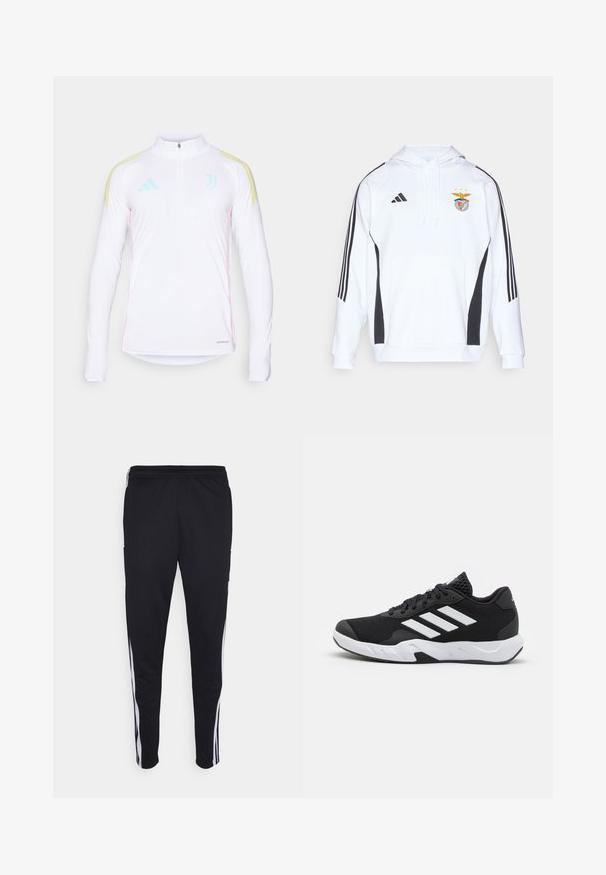 White hoodie with black side accents and three black stripes on each sleeve. Features a front pocket and embroidered team logo at the chest.; White long-sleeve athletic top with half-zip, yellow shoulder stripes, mint green accents, and pink side seams. Features Aeroready branding.; Black athletic pants with a relaxed fit, featuring white side stripes, a drawstring waist, and two side pockets. Made from soft fabric.; Black athletic shoes with a textured mesh upper, white accent stripes, a cushioned sole, and a reinforced heel for support.