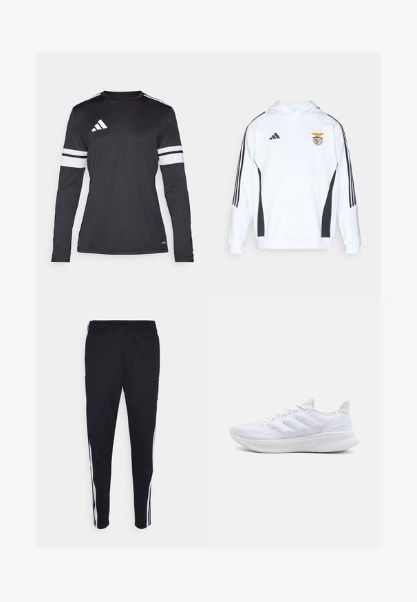 Weißer Hoodie mit schwarzen seitlichen Akzenten und drei schwarzen Streifen an jedem Ärmel. Verfügt über eine Fronttasche und ein gesticktes Teamlogo auf der Brust.; Langärmliges schwarzes Sportshirt mit weißen drei Streifen Akzenten an den Ärmeln und einem weißen Logo auf der Brust. Hergestellt aus weichem, atmungsaktivem Stoff.; Schwarze Sporthosen mit lockerer Passform, versehen mit weißen Seitenstreifen, einem Kordelzugbund und zwei Seitentaschen. Hergestellt aus weichem Stoff.; Weiße Sportschuhe mit einem strukturierten Mesh-Obermaterial, einer stützenden gepolsterten Sohle und einem drei Streifen-Design an der Seite.