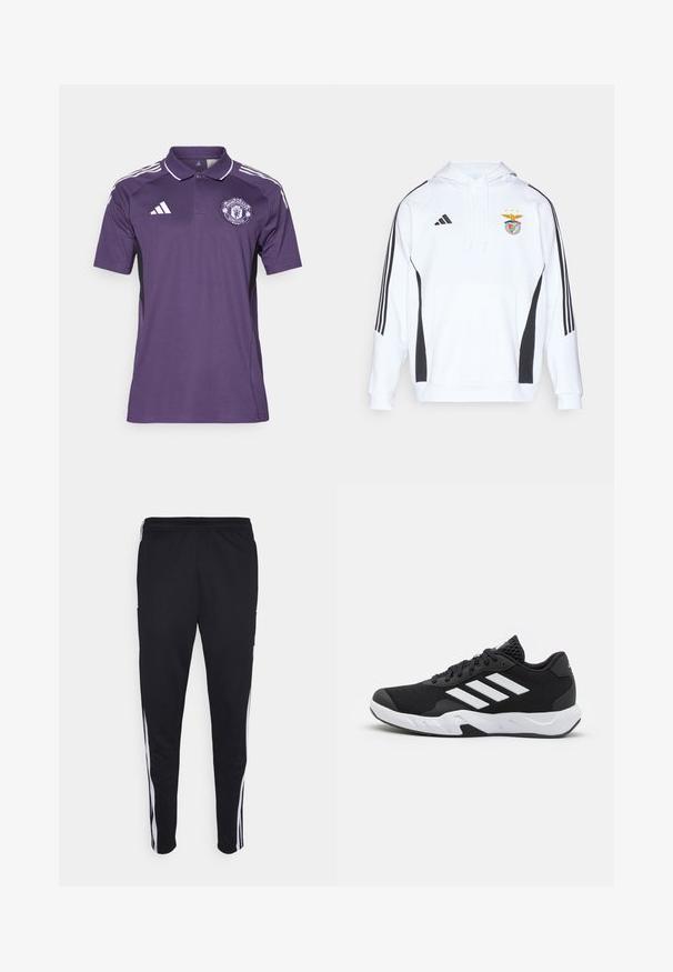 Felpa bianca con accenti neri sui lati e tre strisce nere su ciascun maniche. Presenta una tasca frontale e il logo della squadra ricamato sul petto.; Polo shirt in poliestere viola con dettagli bianchi e pannelli laterali neri. Presenta il logo del Manchester United sul petto e maniche a strisce in tre colori.; Pantaloni sportivi neri con una vestibilità rilassata, con strisce bianche sui lati, vita con cordoncino e due tasche laterali. Realizzati in tessuto morbido.; Scarpe da ginnastica nere con una tomaia in mesh texturizzata, strisce bianche di accento, suola imbottita e tallone rinforzato per supporto.