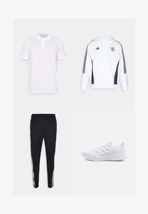 Felpa bianca con accenti neri sui lati e tre strisce nere su ciascun maniche. Presenta una tasca frontale e il logo della squadra ricamato sul petto.; Polo bianco con colletto, caratterizzato da accenti blu chiaro e gialli, cuciture laterali rosa e i loghi di Adidas e Juventus.; Pantaloni sportivi neri con una vestibilità rilassata, con strisce bianche sui lati, vita con cordoncino e due tasche laterali. Realizzati in tessuto morbido.; Scarpe sportive bianche con tomaia in mesh texturato, suola ammortizzata e supportiva, e design a tre strisce sul lato.