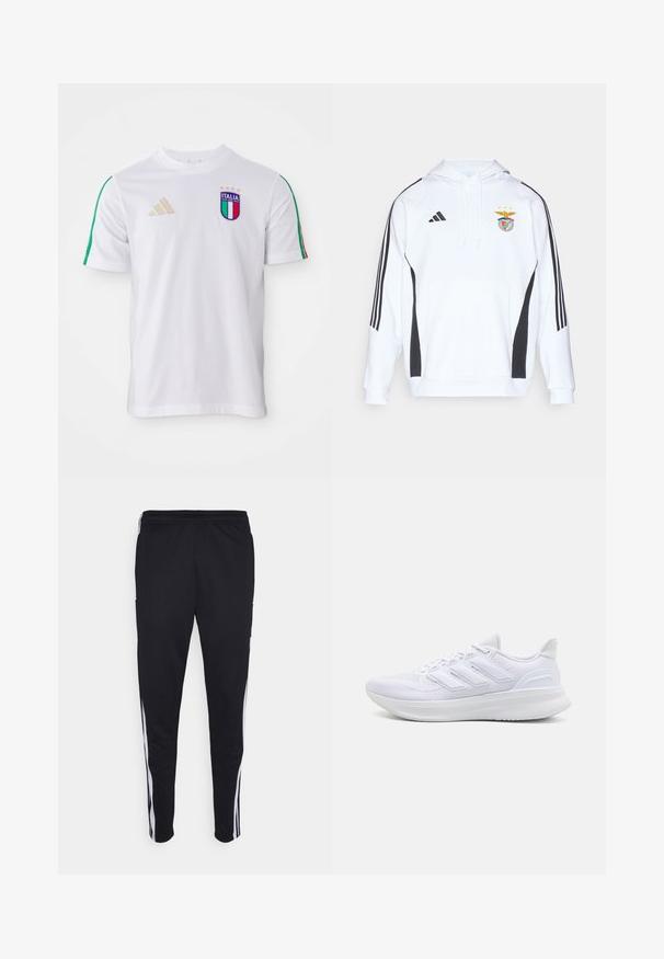 Sudadera blanca con acentos laterales negros y tres rayas negras en cada manga. Cuenta con un bolsillo frontal y un logo del equipo bordado en el pecho.; Camiseta de fútbol blanca con rayas verdes y rojas en los hombros, que presenta un escudo de Italia multicolor y el logo dorado de adidas. Mangas cortas, cuello redondo.; Pantalones deportivos negros con un ajuste relajado, que cuentan con franjas laterales blancas, una cintura con cordón y dos bolsillos laterales. Hechos de tela suave.; Zapatillas deportivas blancas con una parte superior de malla texturizada, suela acolchada y soporte, y un diseño de tres rayas en el lateral.