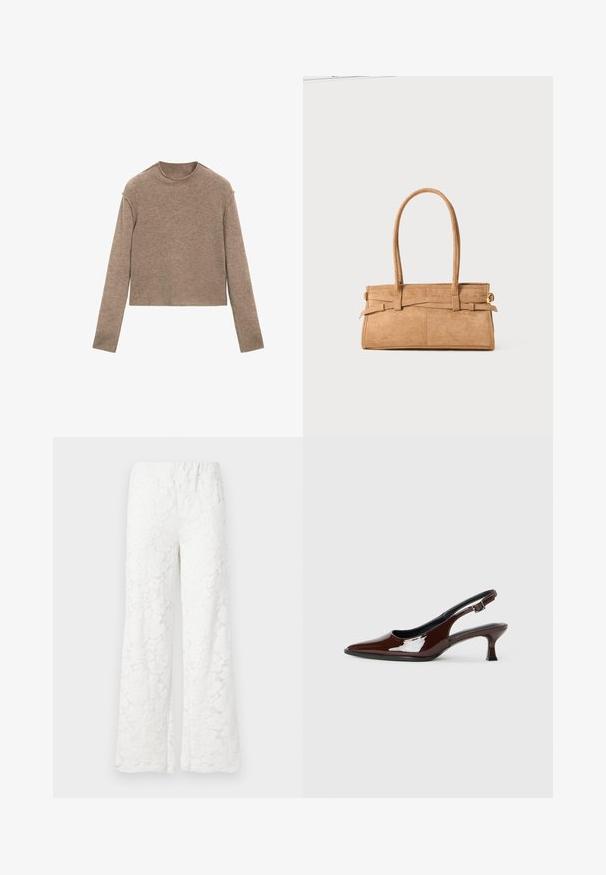 Brun langærmet kort sweater med rund halsudskæring, vist fladt på en hvid baggrund.; Hvide blonder i bred benbukser med en elastisk talje, prydet med et struktureret stof og et delikat blomstermønster over hele.; Brun patenteret læder slingback sko med spids tå og en moderat hæl. Har en spænde rem for en sikker pasform. Glat tekstur.; Tan ruskindtaske med to lange håndtag, rektangulær form og dekorativ syning. Den har en sideløsning og subtile guldfarvede hardware-detaljer.