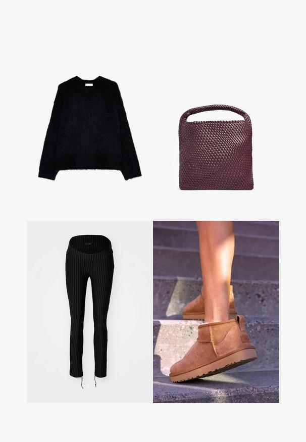 Czarny, puszysty sweter z dzianiny z długimi rękawami, okrągłym dekoltem i luźnym krojem. Miękka tekstura z lekko oversize'owym fasonem.; Czarne spodnie w prążki z szerokim, złożonym pasem i ściągaczami na nogawkach. Wykonane z rozciągliwego materiału, zapewniają dopasowany krój.; Brązowe zamszowe botki za kostkę o miękkiej teksturze, z przeszyciami i gumową podeszwą, wyposażone w pętelkę na pięcie dla łatwego zakładania.; Woven leather handbag w głębokim burgundowym kolorze, w kształcie kwadratu, z zaokrąglonym uchwytem i teksturowanym wzorem na powierzchni. Minimalistyczny design.