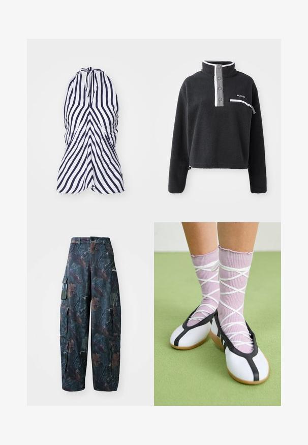 Pulover negru din fleece, cu guler pe jumătate, având un buzunar frontal pe piept și accente contrastante în alb și gri. Textură moale, design scurt.; Rochie cu guler halter, cu dungi verticale albastre și albe, confecționată dintr-un material ușor, cu detalii pliate la bust și o formă fluidă.; Pantaloni cargo în carouri de camuflaj, de culoare verde închis și maro, cu multe buzunare și o croială lejeră, fabricați dintr-un material ușor și rezistent.; Pantofi albi cu o margine și o talpă negre, asortați cu șosete ribbate de culoare lavandă deschis, prevăzute cu curele albe în cruce. Așezat pe un fundal verde.