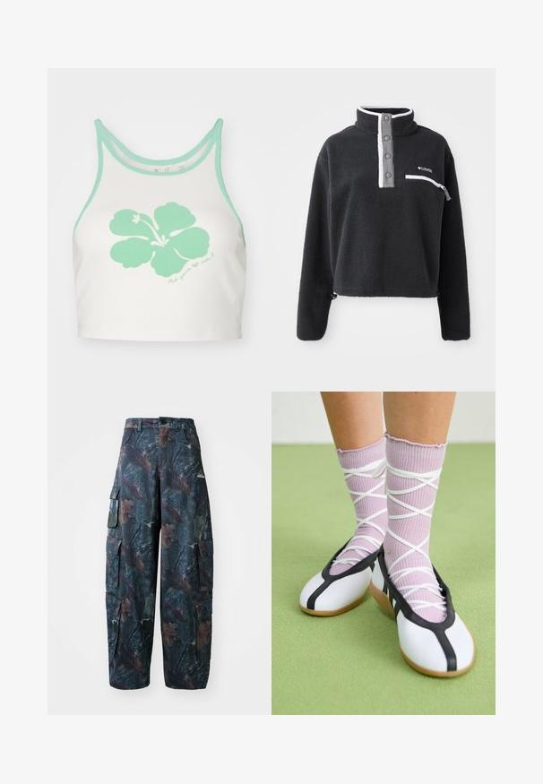 Must mustreoloogiga must fleece pullover, millel on pooltasku kaelus, ees rinna tasku ja kontrastsed valged ja hallid aktsendid. Pehme tekstuur, lühike disain.; Valge lühike topp mina rohelise äärega ja ees suure mintroheline hibiskuse lille graafikuga, mille all on käsitsi kirjutatud tekst.; Tumed roheline ja pruun kamuflaažiga cargo püksid, millel on mitmed taskud ja lahtine lõige, valmistatud kergest ja vastupidavast kangast.; Valged lamedad jalanõud musta ääre ja tallaga, koos heledate lillade soonikatega sokkidega, millel on valged ristvõrgud. Taustal roheline värv.