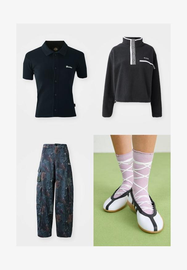 Must mustreoloogiga must fleece pullover, millel on pooltasku kaelus, ees rinna tasku ja kontrastsed valged ja hallid aktsendid. Pehme tekstuur, lühike disain.; Mustaharjutest valmistatud must polosärk. Omab lühikesi varrukaid, kraed ja nööbivarrukaga, ning rinnas on valge brodeeritud logo.; Tumed roheline ja pruun kamuflaažiga cargo püksid, millel on mitmed taskud ja lahtine lõige, valmistatud kergest ja vastupidavast kangast.; Valged lamedad jalanõud musta ääre ja tallaga, koos heledate lillade soonikatega sokkidega, millel on valged ristvõrgud. Taustal roheline värv.