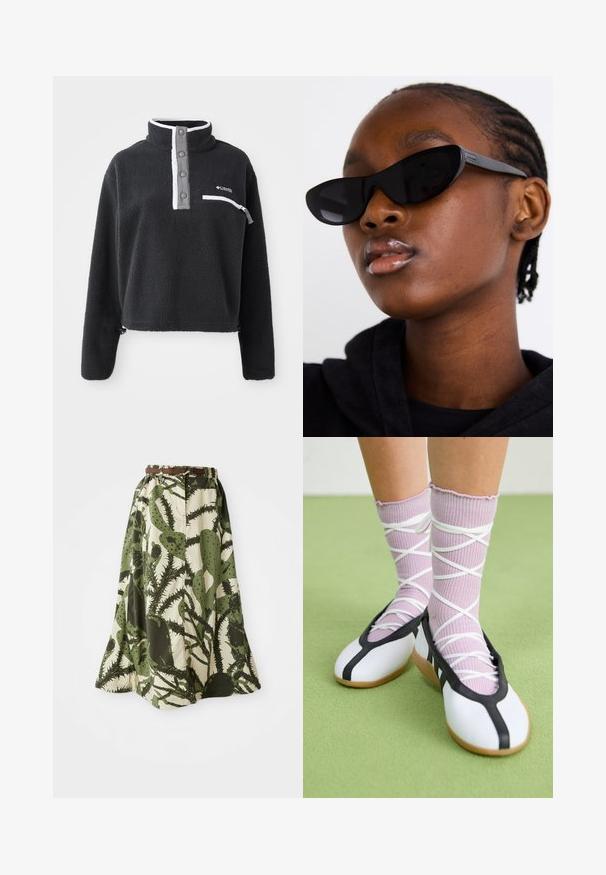 Juodas vilnonis puloveris su pusiau užtrauktuku, turintis priekinę krūtinės kišenę ir kontrastingus baltus bei pilkus akcentus. Minkšta tekstūra, trumpas dizainas.; Ilga sijonas, puoštas kaktuso raštu žalių ir kreminių atspalvių, su susiaurinta juosmens dalimi ir rudu diržu užsegimui.; Balti plokšti batai su juodu apvadu ir padu, derinami su šviesiai violetinėmis raukšlėtomis kojinėmis, turinčiomis baltomis kryžminėmis juostelėmis. Nustatyti žaliame fone.; Juodi katės akies akiniai su matinio paviršiaus apdaila, pasižymintys elegantišku dizainu ir švelniai išlenktais kraštais, derinami su modelio tamsiais drabužiais.