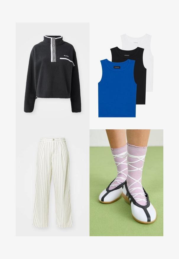 Juodas vilnonis puloveris su pusiau užtrauktuku, turintis priekinę krūtinės kišenę ir kontrastingus baltus bei pilkus akcentus. Minkšta tekstūra, trumpas dizainas.; Trys bešvarkiai marškiniai mėlynos, juodos ir baltos spalvų. Medžiaga yra raštuota, su apvalia iškirpte. Kiekvienas marškinys turi etiketę su užrašu „even&odd.“; Kreminių audinių plačios kojos kelnės su vertikaliomis rudomis juostelėmis, turinčios mygtuko užsegimą ir priekinėmis raukšlėmis, suteikiančiomis papildomą dizaino detalę.; Balti plokšti batai su juodu apvadu ir padu, derinami su šviesiai violetinėmis raukšlėtomis kojinėmis, turinčiomis baltomis kryžminėmis juostelėmis. Nustatyti žaliame fone.