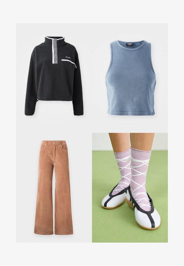 Musta fleece-pullovari, jossa on puolivetoketju-kaulus, etupuolella rintatasku ja kontrastiset valkoiset ja harmaat yksityiskohdat. Pehmeä tekstuuri, lyhyt muoto.; Vaaleansininen ribatetyt crop-top, jossa on pyöreä kaula-aukko ja hihattomuus. Pehmeä pinta ja pieni logo-tyyppitys helmaosassa.; Vaaleanruskeat leveälahkeiset puuvillatrikoot, joissa on edessä nappi- ja vetoketjukiinnitys, vyölenkit ja etutaskut valkoista taustaa vasten.; Valkoiset litteät kengät mustalla reunuksella ja pohjalla, yhdistettynä vaaleanliiloihin ribbatuiksi sukkiin, joissa on valkoiset ristikkäin nauhat. Taustalla vihreä väri.